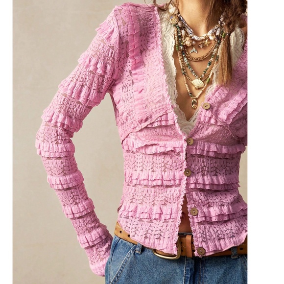 Boho Fitted Button Down Frill Ruffle Detail Long Sleeve top - Picture 3 of 11